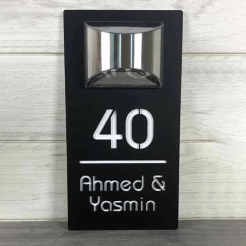 Letrero de puerta personalizado personalizado con luz LED solar moderna para residencia, placa de dirección 3D cortada con láser, placa de dirección para exteriores (blanco y negro)