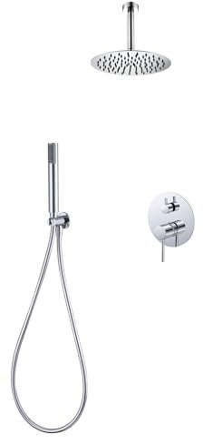 IMEX - Ducha Empotrada Techo Monomando Cromada | Kit de Grifería Empotrado con Alcachofa y Rociador Antical Efecto Lluvia | Columna Ducha Empotrada con Grifo en Latón y Acero Inox S.304 | Serie Tívoli