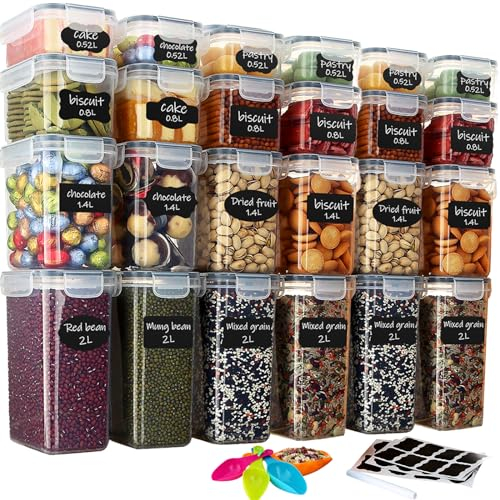 Hibisaws Lot de 24 boîtes de conservation alimentaire sans BPA, organisation de cuisine, boîtes en plastique avec couvercles durables, idéales pour le sucre, les céréales, la farine