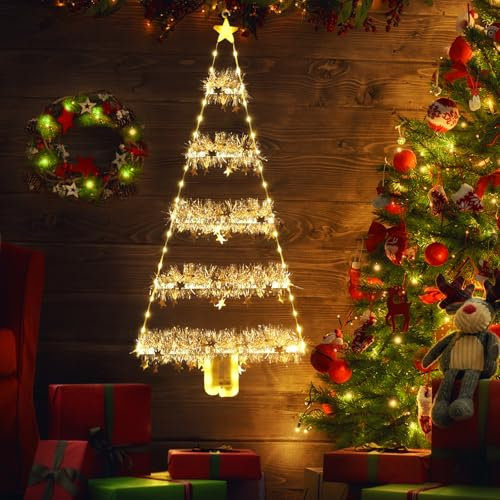 Geemoo Weihnachtsbeleuchtung Außen Batterie, 81cm Weihnachtsbaum Leiter Lichterkette mit Lametta Girlande, Timer, 8 Modi, Warmweiß Fensterlicht für Innen, Fenster, Party, Hochzeit, Tür, Weihnachtsdeko