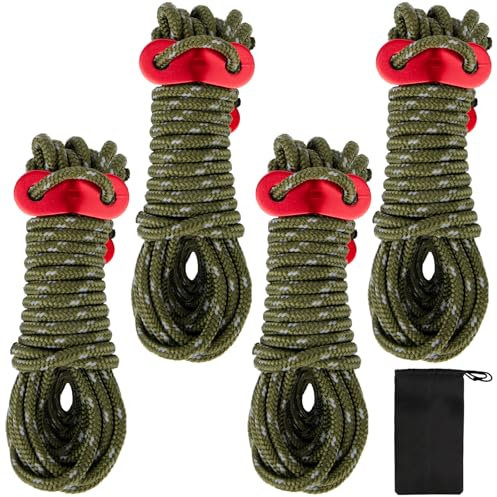 JTENG Reflektierend Abspannseile Seil mit Seilspanner, 13ft/4 Meters Zeltschnur mit Aluminiumlegierung Spanner, Φ 4mm Nylonschnur Leuchtend Guy Zeltleine für Sonnensegel (4 Stück Armeegrün Seil)