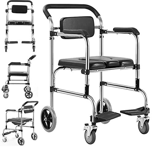 LQDSADRT Silla de ruedas 4 en 1, silla de ducha de transporte, silla de inodoro con ruedas, asiento de piel sintética, marco de acero inoxidable, cubo desmontable y reposapiés abatible
