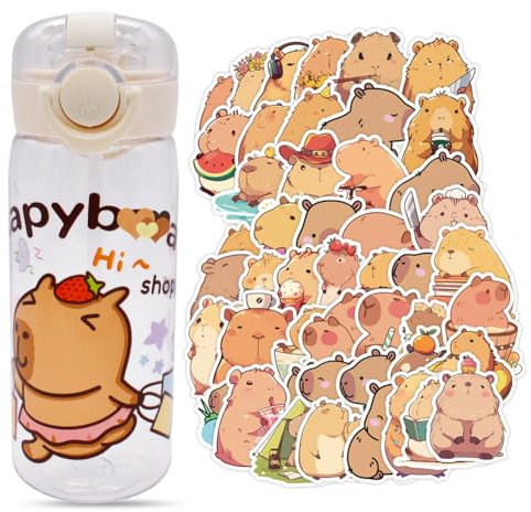 SYTTNUM Borraccia per Bambini con Cannuccia, Adesivi di Capybar,Capybar Portatile Borraccia, per Palestra, Campeggio, Escursionismo, Borraccia Bambini Asilo (400ml)