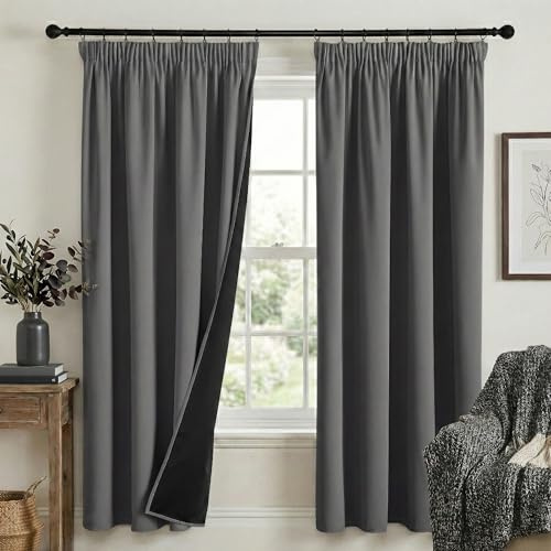 PONY DANCE 100% Blackout Thermal Insulated Curtains, 52x72 Inch, Grey | Pencil Pleat Rod Pocket Curtains for Bedroom and Living Room, 2 Panels, Noise Reduction, Light Blocking & Privacy Drapes