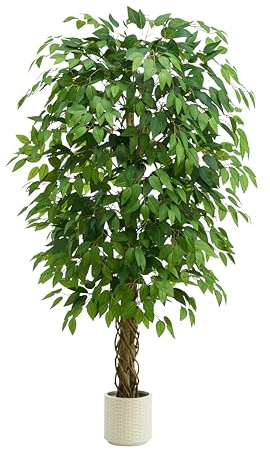 TNGGNT Artificial Ficus Tree：5FT Faux Silk Floor Plant Realistic Tall Fake Ficus Large Potted with Braided Trunk Lush & Green Leaves Pot for Home Office Room Decor Indoor & Outdoor (5FT,1-Pack,White)