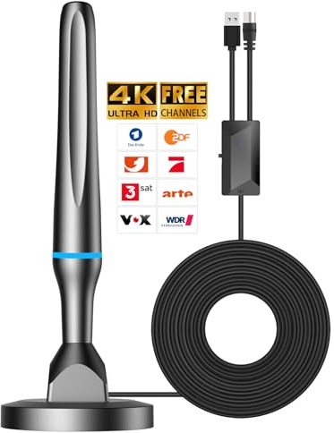 DVBT2 Antenna, Indoor Antenna DVB-T & DVB-T2 Antennas with Amplifier, Long Range and 360° Reception, Indoor Antenna for TVs with Strong Magnetic Base, Suitable for 4K 1080p & All TVs, Blue