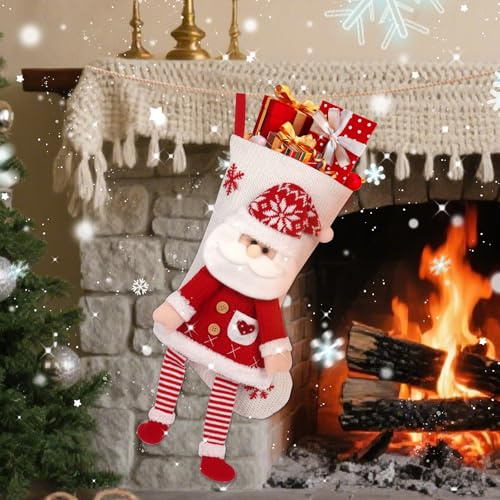 Jiusely Personalized Christmas Stockings 49cm Large Xmas Stockings 3D Christmas Stocking with Santa Pattern Xmas Hanging Stocking for Stairs Fireplace Tree Hanging Christmas Party Home Decor