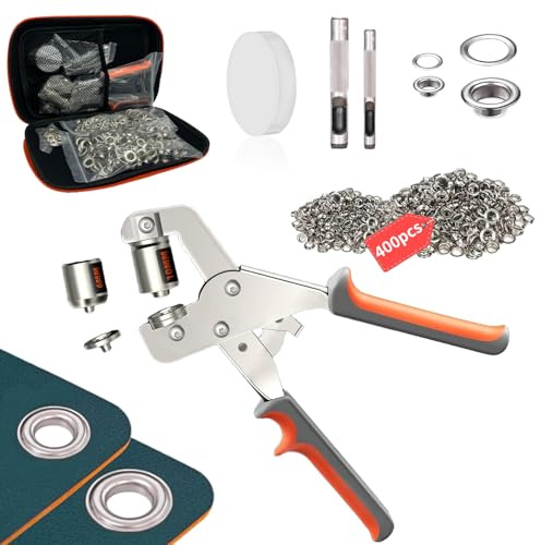 Magnetic Eyelet Punch Kit (10MM+6MM) Includes A Tool Bag, 2 Sets Replaceable Punching Head with 400pcs Waterproof Coating Grommets, Suits for Punching Hole of Tarp, Fabric, Leather, etc