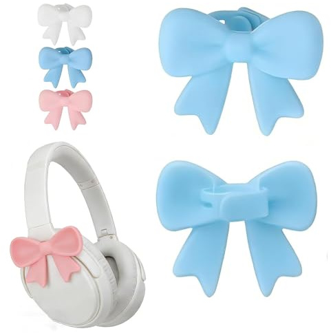 2 PCS Silicone Bow Headphone Accessory - Pink Bow Headphone Attachments, Cute Silicone Headphones Accessories Clips, Soft Bow Decor for Headphones & Headsets (Blue)