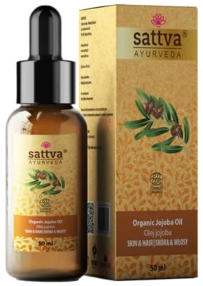 Sattva Ayurveda Aceite de jojoba orgánico – Certificado ECOCERT COSMOS ORGANIC – Aceite de cuidado ligero y equilibrado para la piel y el cabello – Cuidado natural del aceite sin fragancias – 50 ml