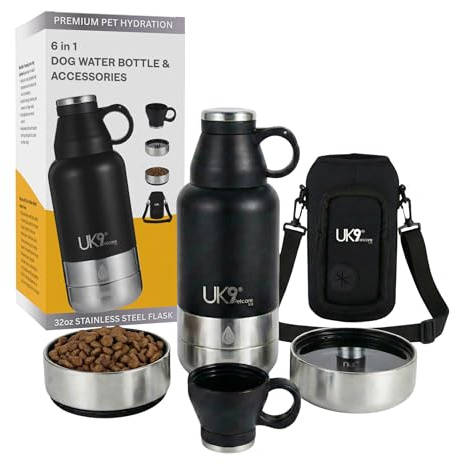 UK9 6-in-1 Dog Water Bottle | Portable 32oz Stainless Steel Travel Bottle with Water Bowl, Snack Bowl, Poo Bag Dispenser, Cup & Carry Bag | Dog Walking Accessories Kit