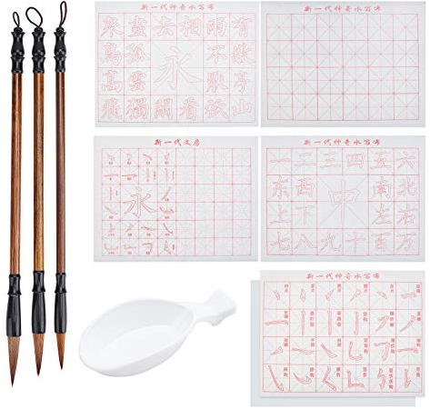 PandaHall 10pcs Chinesische Kalligraphie Set, Rasterpinsel Wasser Schreibtuch Papier Schreibtücher Mit Sienna Chinese Traditional Calligraphy Pinsel Und Wasserschale Für Anfänger Üben, No Ink