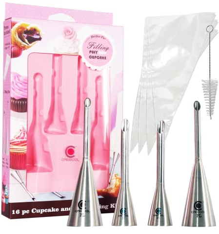 Cangool Backspritze Zum Füllen, Krapfenfüller Bäcker 16pcs, Cupcake und Pufffüll Fülltülle, Spritzbeutel Tüllen