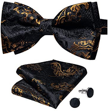DiBanGu Men's Adjustable Black Gold Copper Bow Tie and Handkerchief Cufflinks Set Silk Floral Jacquard Pretied Bow Tie Set Prom