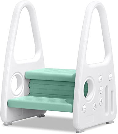 UISEBRT Tritthocker für Kinder 2 Stufen Kinderschemel Trittschemel Kleinkind Lernturm Anti-Rutsch Trittleiter Schemel aus Kunststoff für Bad, Schlafzimmer, Küche, Kinderzimmer, Grün