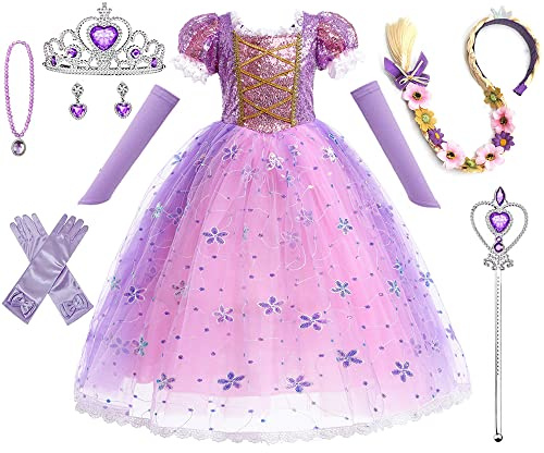 HEYOUTH Deguisement Robe Princesse,Bébé Fille Raiponce Robe,avec 7 Accessoires,Tulle Maxi Costume Carnaval Fille, Déguisement Anniversaire Fête Halloween Noël Partie Carnaval Cosplay (120 cm