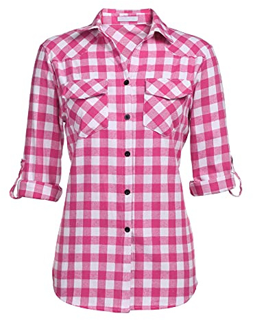 UNibelle Rutig damskjorta, långärmad traditionell blus, oktoberfest, blus, rutig skjortjacka, bomull, skjortblus, träfårskjorta, toppar, ledig, v-ringad, tunika, toppar, Rosa (en storlek mindre för