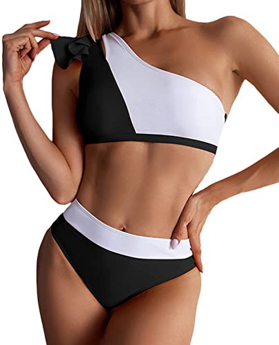 Trajes de Baño de Dos Piezas Mujer Conjunto de Bikini Bandeau Push Up Un Hombro Tops de Bikini+Braguitas de Bikini Cintura Alta Asimétrico Bañador con Volantes Moda Ropa de Baño de Playa EstiloD XL