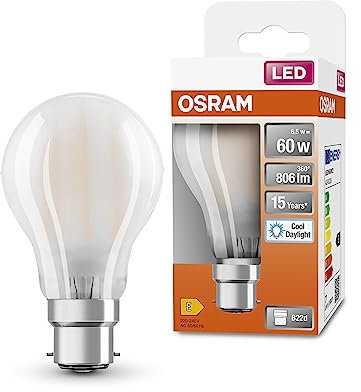 OSRAM Lámpara LED A60 de Star LED de para base B22D, forma de pera, vidrio mate, 806 lúmenes, luz de día blanca (6500k), reemplazo de bombillas convencionales de 60W, no dimmables, 1 paquete de 1