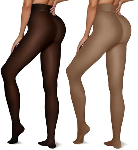 Vertvie Collant Polaire Femme Effet Transparent, Leggings Thermiques Epais Translucide Extensible Collant Chaud d'hiver Opaques Pantalons Taille Haute (2pz Brun+Café,220g,L/XL)