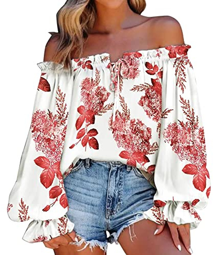 Générique Chemisiers et Blouses Femme À Manches Courtes Sexy col Bateau Blouses Top Femme Imprimé éPaules DéNudéEs Femmes Chic Sexy Épaules Dénudées Hauts Blouses Bohème Camisole Tunique