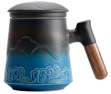 Tasse à Thé ZENS avec Infuseur et Couvercle, 500 ML – Tasse en Céramique Gaufrée pour Thé en Feuilles, Poignée en Bois – Mug avec Filtre pour Amateurs de Thé,Bleu