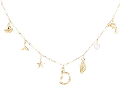 Mikovivi Collar de Conchas de Letras Doradas, 45cm Collar con Letras de Conchas Marinas Joyas con Colgantes Collar con Dijes de Playa de Cumpleaños para Mujeres y Niñas (D)