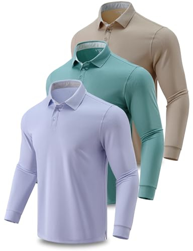 3 Pack: Dry Fit Long Sleeve Polo Shirts for Men, Athletic Collared Golf T-Shirts Performance Tops (Set 3, Medium)