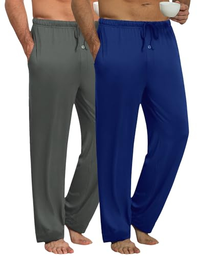 Ekouaer Men's 2 Pack Long Pajama Bottoms 2-Piece Lounge Pants Set Soft and Warm Checked Pants for Men Blue + gray Checked L