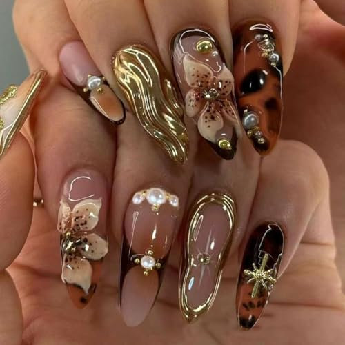 CharmeFleur Faux Ongles 3D faits à la main - Ongles en amande brune avec design croisé fleurs stéréo, longueur moyenne, faux ongles été, faux ongles brillants, 24 pièces