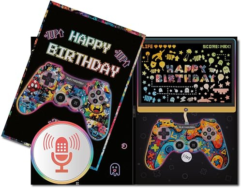 PlayMegram Personalisierbare Gaming Geburtstagskarte mit Aufnahmefunktion – Audio Grußkarte mit Retro Pixel-Design & Neon-Motiven – bis zu 60 Sekunden Aufnahme und Widergabe – A5 für Gamer & Nerds