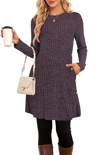 SENBATU Robe Pull d'hiver pour Femme Tunique tricotée à Manches Longues avec Poches Robe boutonnée(Violet,Grand)