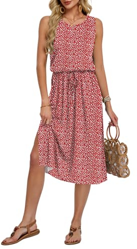 AUSELILY Vestiti Estivi Senza Maniche da Donna Abbigliamento da Spiaggia Leggero ed Elegante Abito Midi Casual con Tasche Motivo Rosso S