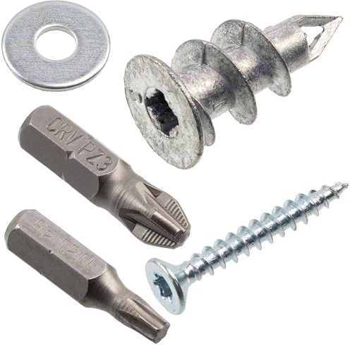 AERZETIX – Fästkit för gipsskivor: 25 ståldubbar Ø15x29 mm + 25 träskruvar Ø4x30 mm + 25 breda M4-brickor + 2 bits T20/PZ3 (1/4x25 mm)