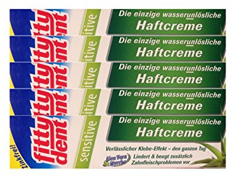 5x FITTYDENT sensitive Haftcreme 40g PZN: 06571318 Wasserunlöslich mit Aloe Vera