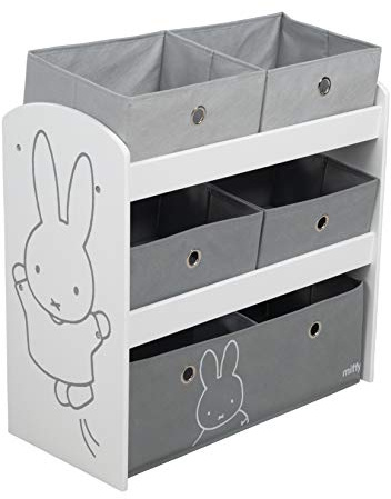roba Étagère pour Jouets Enfant en Bois miffy® - 5 Paniers en Tissu Amovibles - Meuble de Rangement pour les Jouets - 64 x 30 x 60 cm - Motif Lapin / Gris