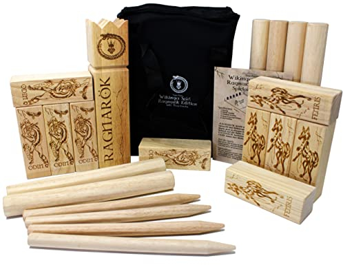 Eggcellence© Wikinger Kubb Ragnarök Edition - Spiele als Odin oder FENRIS - Schwedenschach aus Gummibaum Holz - Kubb Spiel Outdoor Holz original