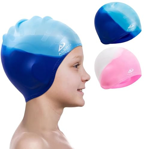 Alepo 2 Pack Kids Swimming Cap Boys Girls, Durable Silicone Swimming Hat with 3D Ear Pockets for Age 3-15 Toddler Child Teen, Bath Swim Cap for Short/Long Hair with Ear Plugs Nose Clip-Blue