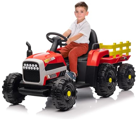 Elektrischer Traktor mit Anhänger, Kinder Aufsitztraktor mit Fernbedienung, Elektroauto mit LED Lichtern, Musik, Hupe & USB Funktionen, Kinderlast 50 kg, geeignet für Kinder ab 3 Jahren (Rot)