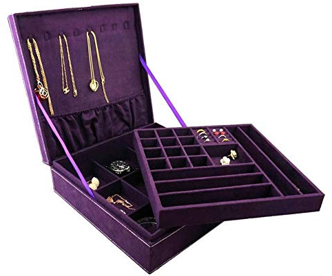 BONOOL Schmuckschatullen, violetter Flanell-Schmuck-Organizer mit Sicherheitsschloss, Schmucktruhe für Uhren, Halsketten, Ringe, Ohrringe, Armbänder, Schmuckkästchen für Damen