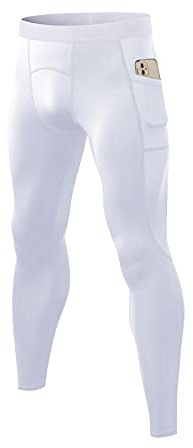 LEICHR White Compression Pants Mens Tights Football Running Workout Leggings with Pockets Active Sports Gym Baselayer Pants