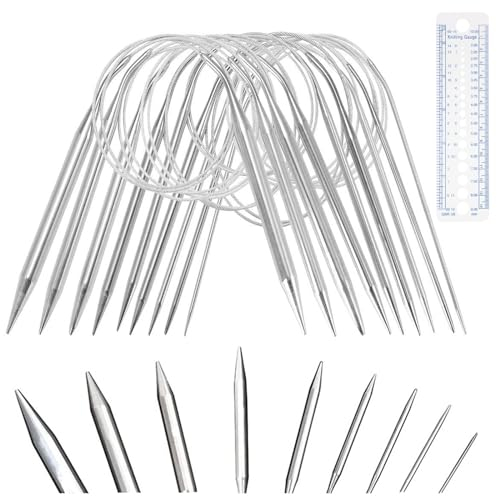Rundstricknadeln 40cm, 9 Stück Edelstahl Rundstricknadel Set 2,5-10mm Kurze Rundstricknadel für Anfänger, Sockenstricknadeln Häkelnadel für Socken Mütze Ärmel Kragen oder Kleine Projekte
