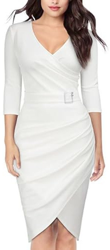 Rayson Robe Femme Chic et Elegant avec Ceinture mi Longue Robe Crayon à Manches Longues Col en V Robe de Ceremonie Cocktai Dress pour Femme(Blanc, XL)