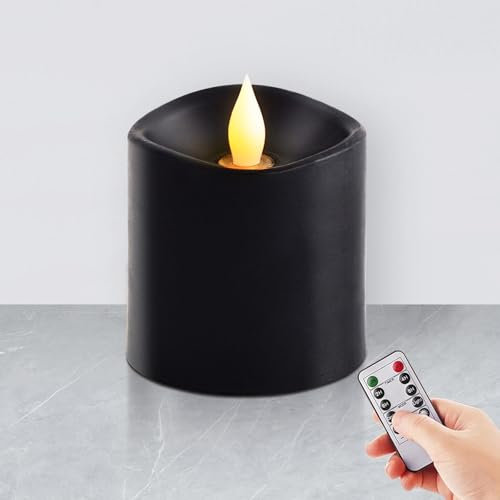 3x3 Flickering Flameless Candles Set of 1, Real Wax Electric LED Candles with Timer, 2AA Battery Operated Candles,3 inch Flameless Candles with Remote for home, holiday decoration, party,Black
