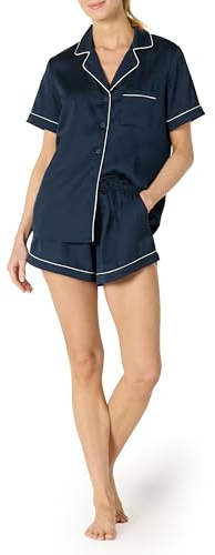 Amazon Essentials Ensemble de Vêtements de Nuit, Short et Haut Boutonné à Manches Courtes en Satin Femme, Bleu Marine, M