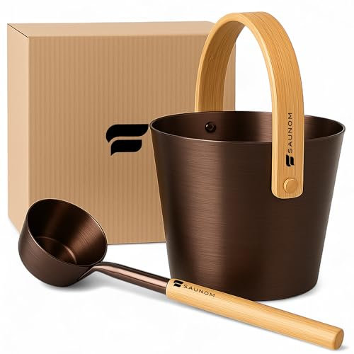 SAUNOM Luxury Aluminum Sauna Bucket and Ladle Set with Modern Nordic Design – Anodized Aluminum Sauna Ladle with Bamboo Handle – Rust & Heat Resistant 1.3 Gallon Bucket & 13.5 oz Ladle