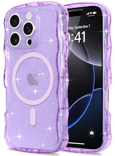 Pepmune for iPhone 16 Pro Max Case Clear [Compatible with Magsafe] Bling Sparkle Glitter Magnetic Cover,Soft TPU Curly Wavy Frame & Hard PC Back,Slim Shockproof Wave Phone Case for Women Girls-Purple