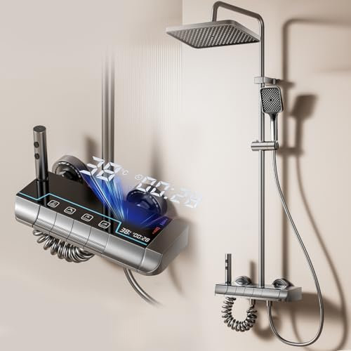 Julymoda Colonna Doccia con Miscelatore Display Digitale LED Luce Stellata Ambientale Kit Doccia Idromassaggio con Soffione e 30cm Prolunga Altezza Regolabile 70-133cm (Grigio)