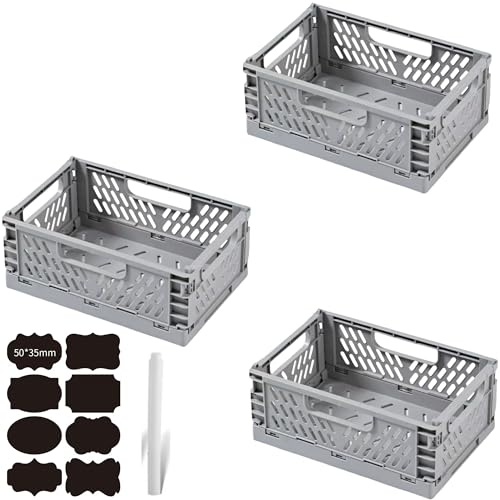 CNKHDZ 3 Pièces Caisses Pliable Plastique Gris 30x20x12cm,Boîtes de Rangement Pliables Empilable Cagettes Plastique Pliable Paniers Rangement avec Poignée pour Cuisine Chambre à Coucher Bureau