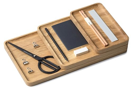 OAKYWOOD - Uppsättning träbrickor - skrivbordsorganisatör - pappersbricka i massivt trä, dokumenthållare - kontorsorganisatör, mobiltelefonhållare - för kontor, hem, skola - uppsättning av 3 - Ek